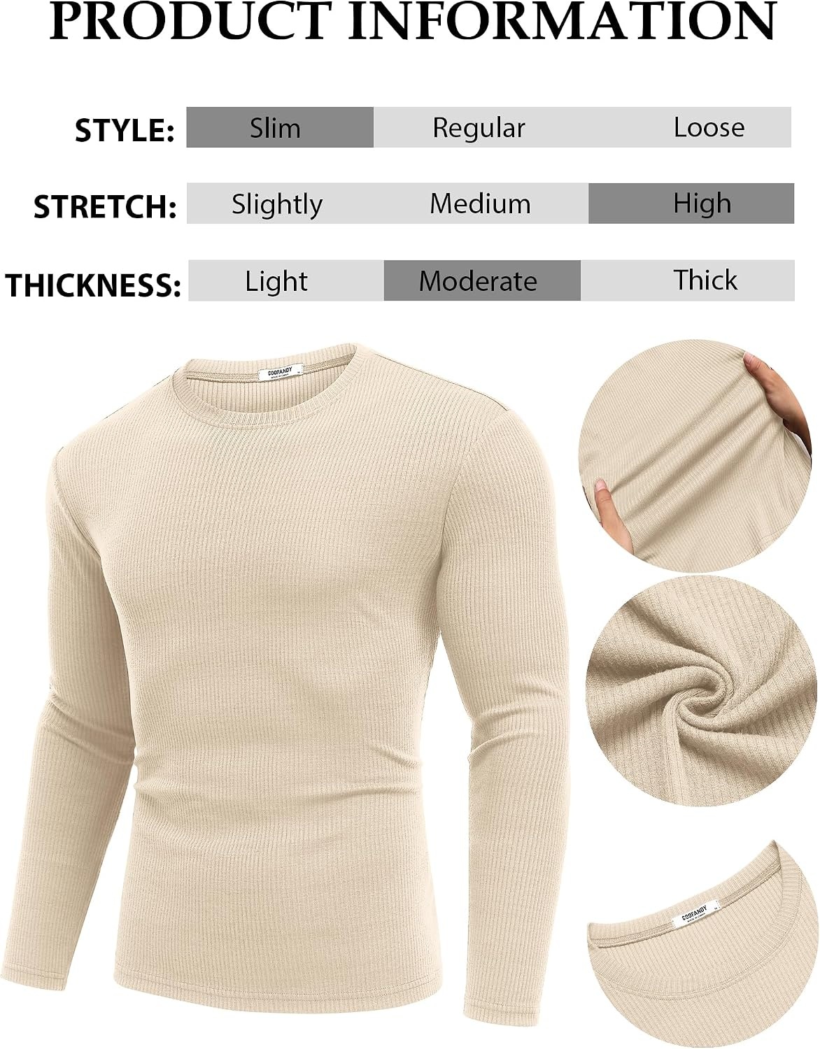 image:imageCOOFANDY Crewneck Sweaters for Men Slim Fit Long Sleeve Pullover Tops Stretch Ribbed Knit Soft Touch Fabric High Elasticity Thermal Long Sleeve Tee ShirtsLight Khaki