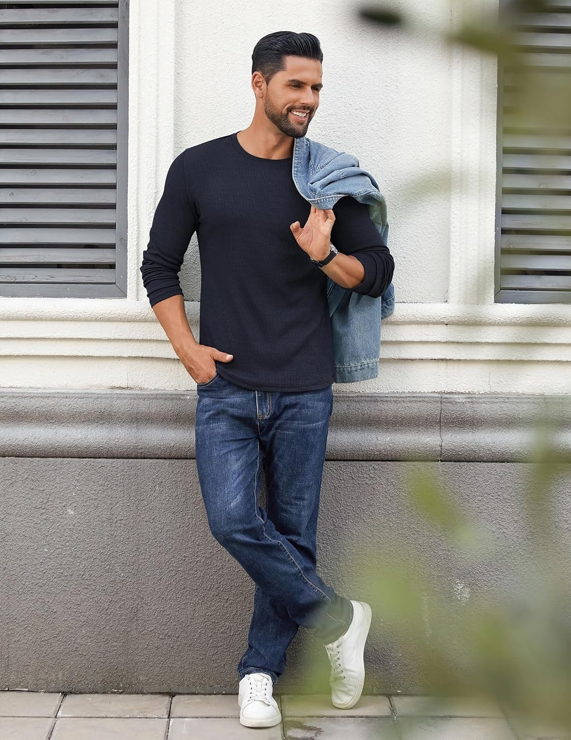 image:imageCOOFANDY Crewneck Sweaters for Men Slim Fit Long Sleeve Pullover Tops Stretch Ribbed Knit Soft Touch Fabric High Elasticity Thermal Long Sleeve Tee ShirtsNavy Blue