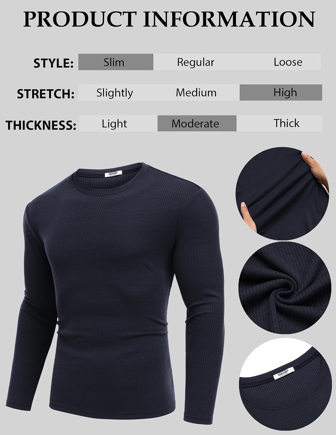 image:imageCOOFANDY Crewneck Sweaters for Men Slim Fit Long Sleeve Pullover Tops Stretch Ribbed Knit Soft Touch Fabric High Elasticity Thermal Long Sleeve Tee ShirtsNavy Blue