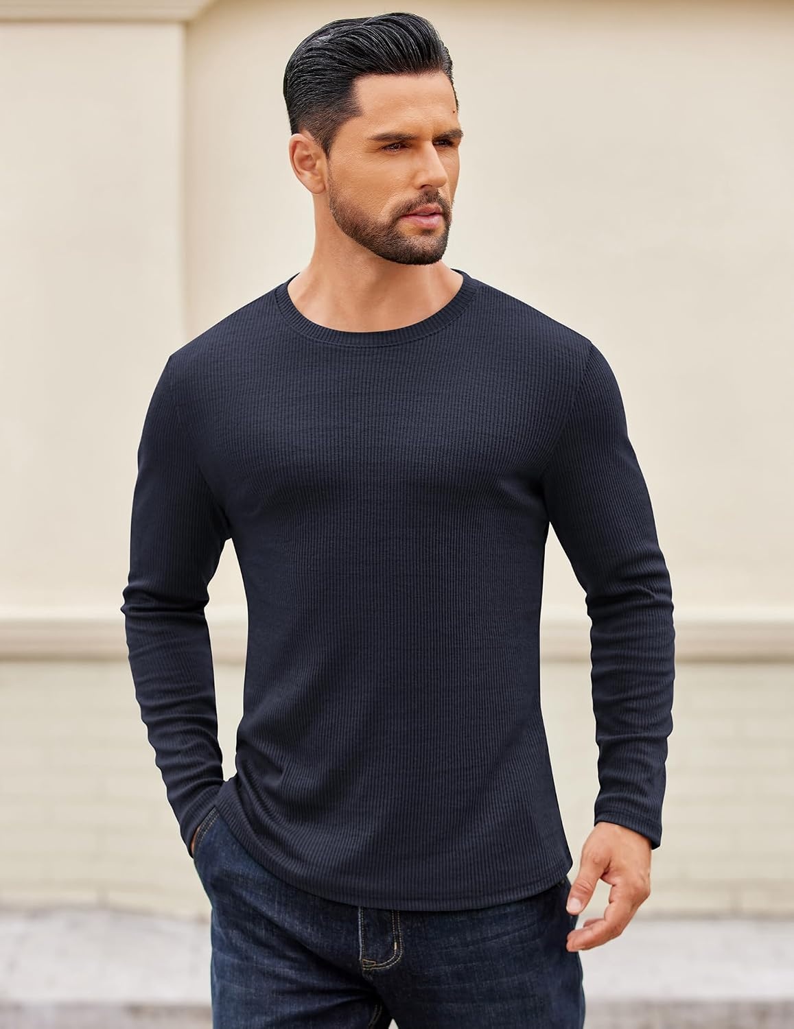 image:imageCOOFANDY Crewneck Sweaters for Men Slim Fit Long Sleeve Pullover Tops Stretch Ribbed Knit Soft Touch Fabric High Elasticity Thermal Long Sleeve Tee ShirtsNavy Blue