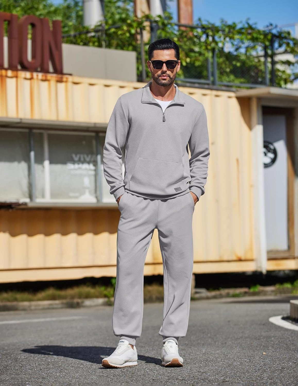image:imageCOOFANDY Mens 2 Piece Tracksuit Sets Casual Quarter Zip Athletic Sweatsuit Quarter Zip Sweatshirt Drawstring Jogging Pants Twill Quilted Textured Kangaroo Pocket Leather LabelFall Winter OutfitsLight Gray