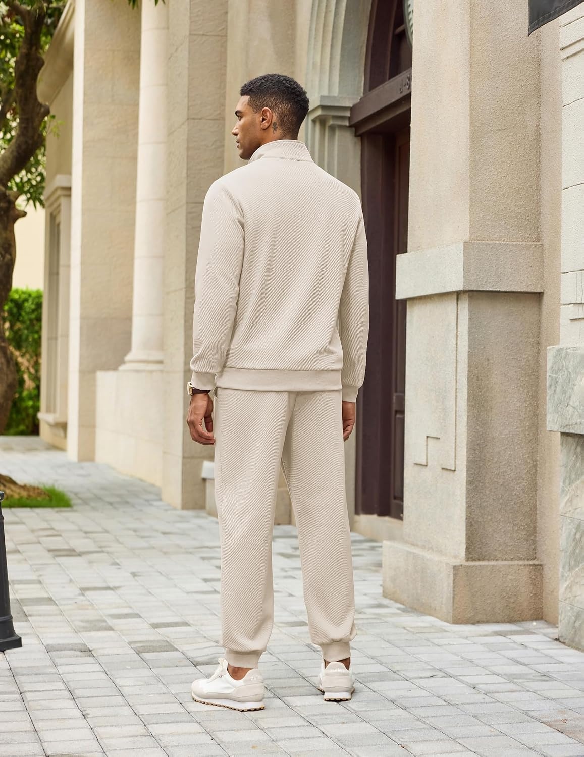 image:imageCOOFANDY Mens 2 Piece Tracksuit Sets Casual Quarter Zip Athletic Sweatsuit Quarter Zip Sweatshirt Drawstring Jogging Pants Twill Quilted Textured Kangaroo Pocket Leather LabelFall Winter OutfitsApricot