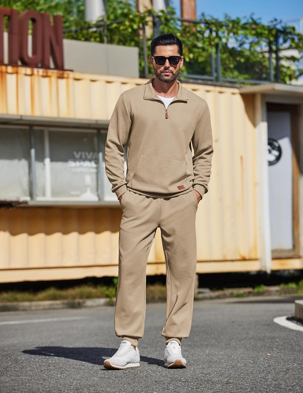 image:imageCOOFANDY Mens 2 Piece Tracksuit Sets Casual Quarter Zip Athletic Sweatsuit Quarter Zip Sweatshirt Drawstring Jogging Pants Twill Quilted Textured Kangaroo Pocket Leather LabelFall Winter OutfitsKhaki