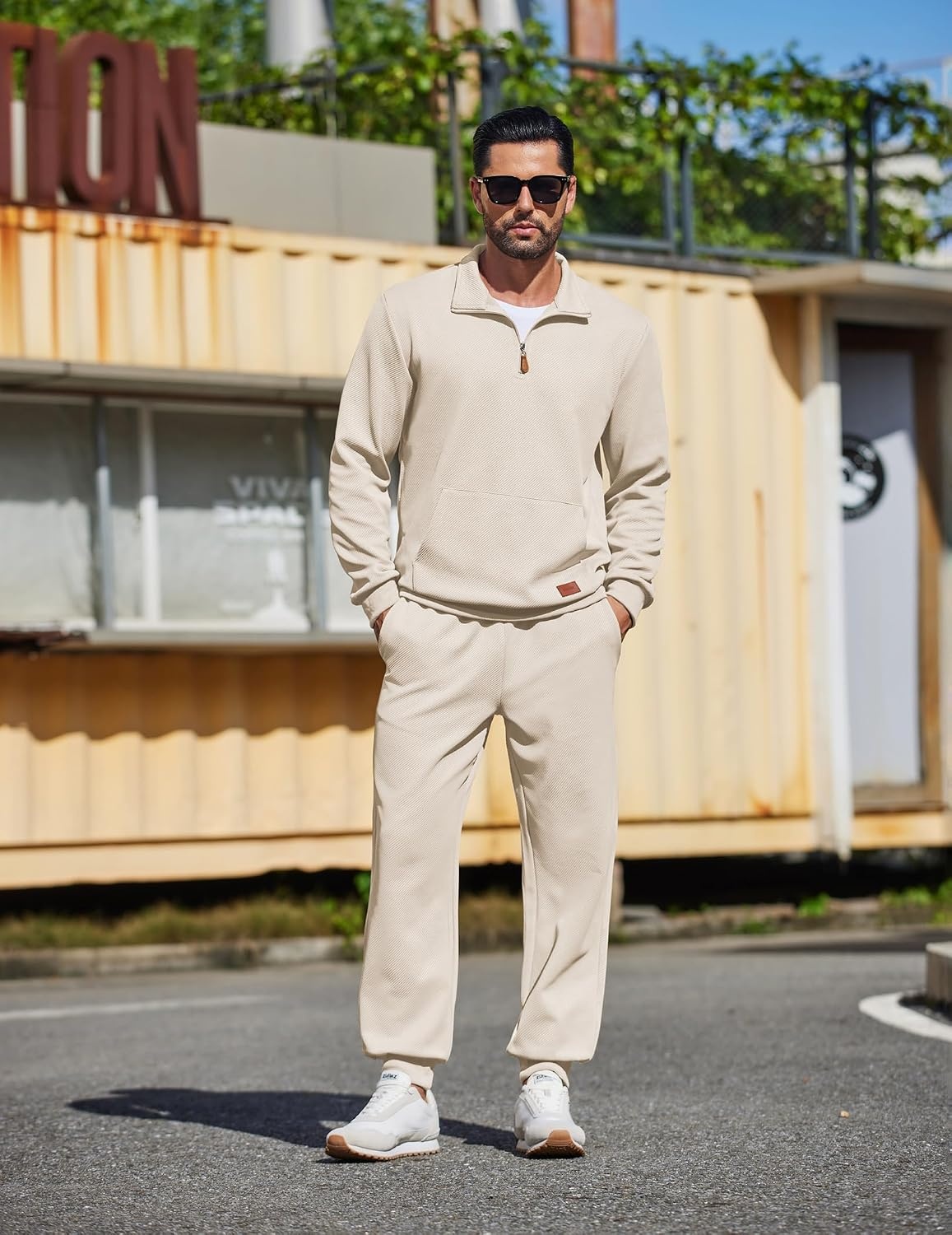 image:imageCOOFANDY Mens 2 Piece Tracksuit Sets Casual Quarter Zip Athletic Sweatsuit Quarter Zip Sweatshirt Drawstring Jogging Pants Twill Quilted Textured Kangaroo Pocket Leather LabelFall Winter OutfitsApricot