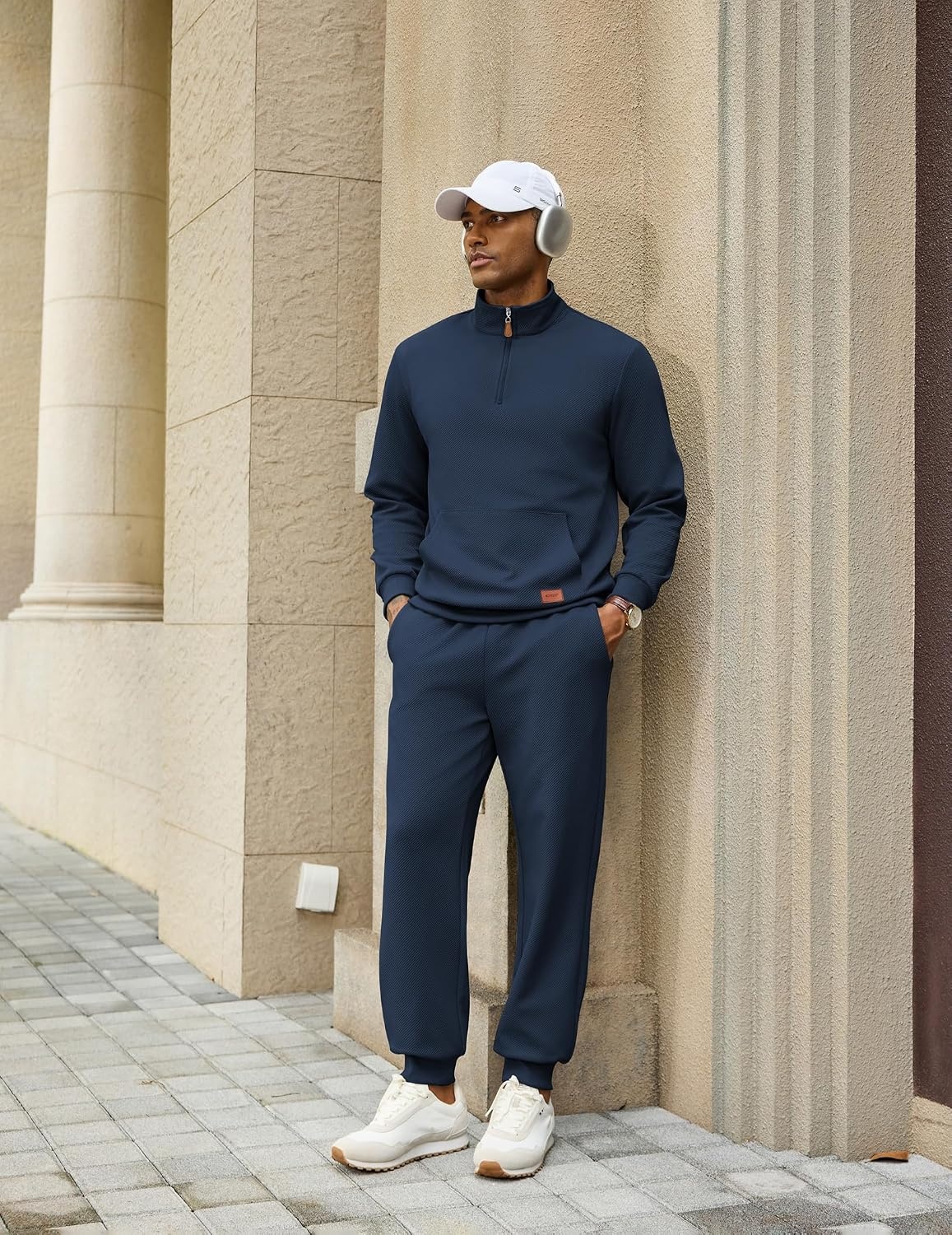 image:imageCOOFANDY Mens 2 Piece Tracksuit Sets Casual Quarter Zip Athletic Sweatsuit Quarter Zip Sweatshirt Drawstring Jogging Pants Twill Quilted Textured Kangaroo Pocket Leather LabelFall Winter OutfitsNavy Blue