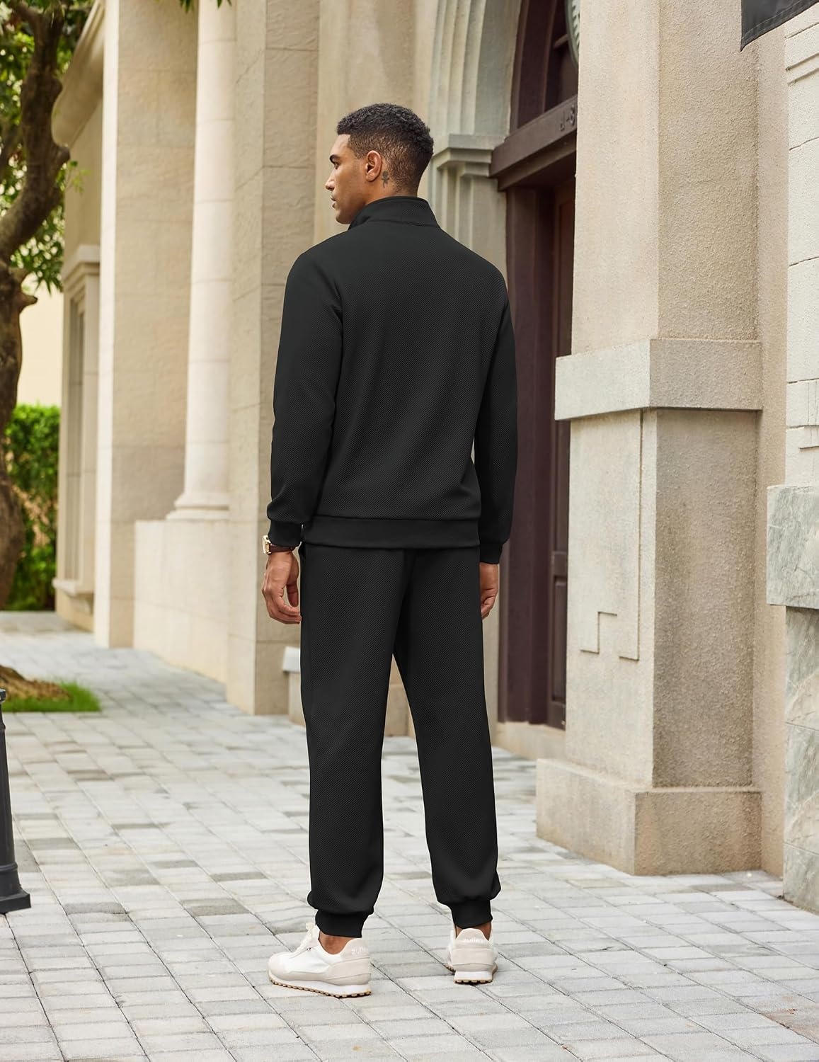 image:imageCOOFANDY Mens 2 Piece Tracksuit Sets Casual Quarter Zip Athletic Sweatsuit Quarter Zip Sweatshirt Drawstring Jogging Pants Twill Quilted Textured Kangaroo Pocket Leather LabelFall Winter OutfitsBlack