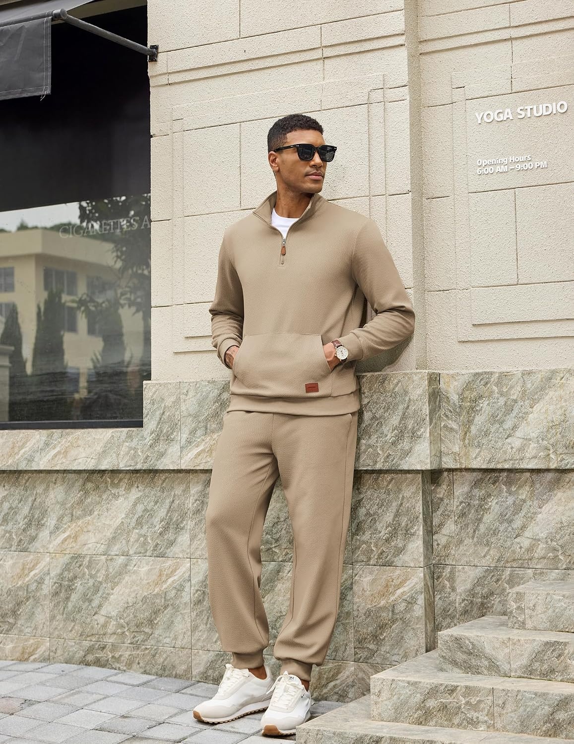 image:imageCOOFANDY Mens 2 Piece Tracksuit Sets Casual Quarter Zip Athletic Sweatsuit Quarter Zip Sweatshirt Drawstring Jogging Pants Twill Quilted Textured Kangaroo Pocket Leather LabelFall Winter OutfitsKhaki
