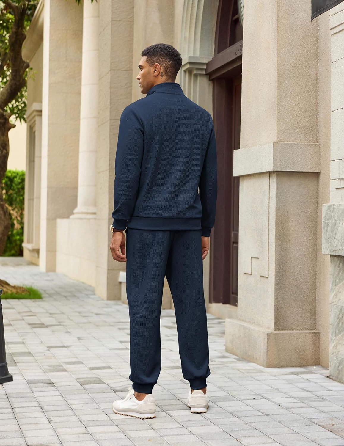image:imageCOOFANDY Mens 2 Piece Tracksuit Sets Casual Quarter Zip Athletic Sweatsuit Quarter Zip Sweatshirt Drawstring Jogging Pants Twill Quilted Textured Kangaroo Pocket Leather LabelFall Winter OutfitsNavy Blue