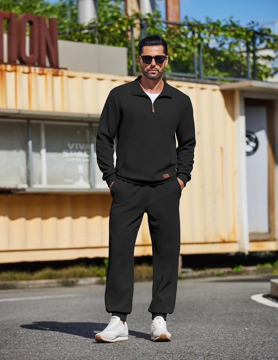 image:imageCOOFANDY Mens 2 Piece Tracksuit Sets Casual Quarter Zip Athletic Sweatsuit Quarter Zip Sweatshirt Drawstring Jogging Pants Twill Quilted Textured Kangaroo Pocket Leather LabelFall Winter OutfitsBlack