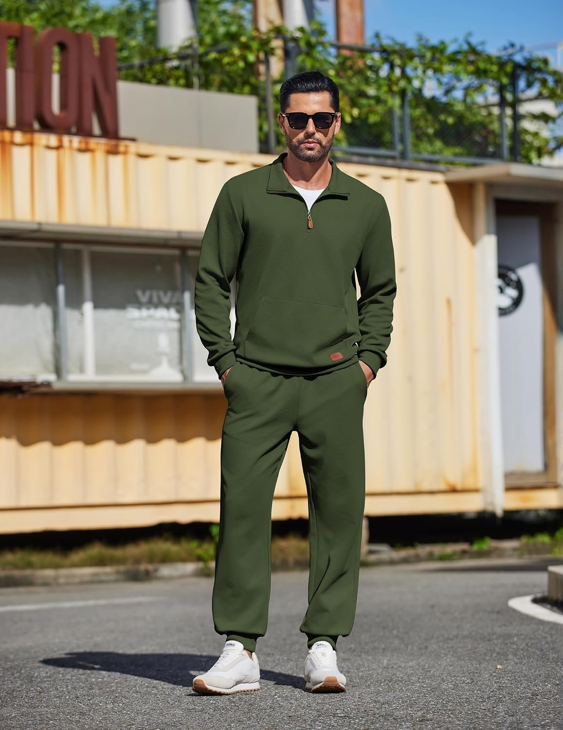 image:imageCOOFANDY Mens 2 Piece Tracksuit Sets Casual Quarter Zip Athletic Sweatsuit Quarter Zip Sweatshirt Drawstring Jogging Pants Twill Quilted Textured Kangaroo Pocket Leather LabelFall Winter OutfitsArmy Green
