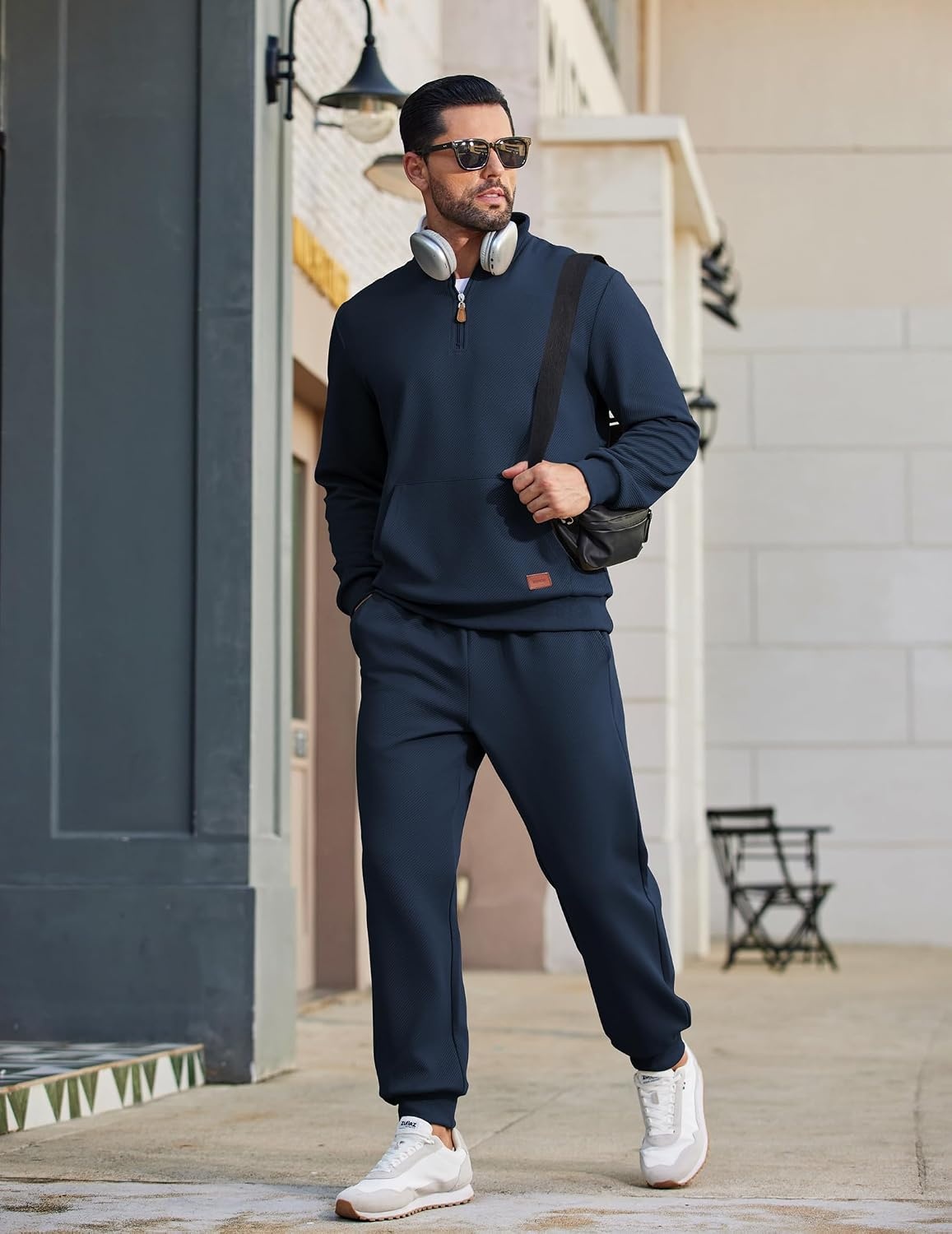 image:imageCOOFANDY Mens 2 Piece Tracksuit Sets Casual Quarter Zip Athletic Sweatsuit Quarter Zip Sweatshirt Drawstring Jogging Pants Twill Quilted Textured Kangaroo Pocket Leather LabelFall Winter OutfitsNavy Blue