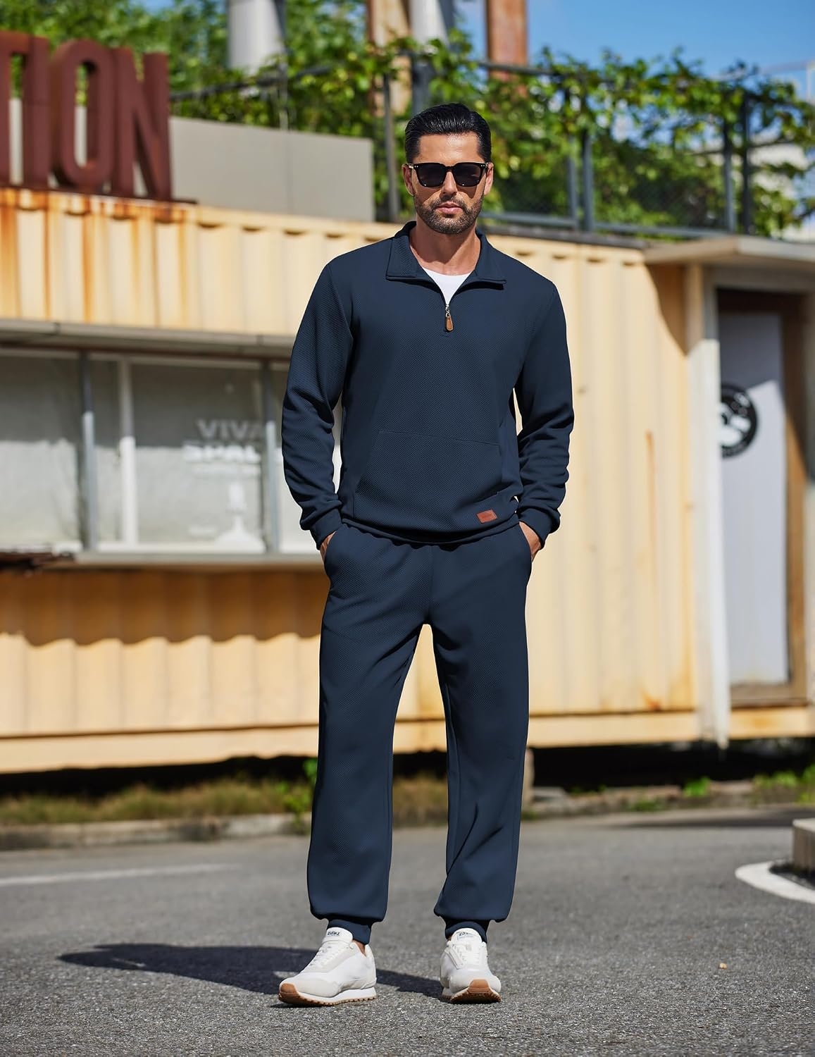 image:imageCOOFANDY Mens 2 Piece Tracksuit Sets Casual Quarter Zip Athletic Sweatsuit Quarter Zip Sweatshirt Drawstring Jogging Pants Twill Quilted Textured Kangaroo Pocket Leather LabelFall Winter OutfitsNavy Blue