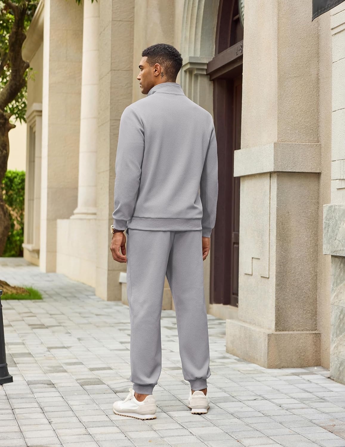 image:imageCOOFANDY Mens 2 Piece Tracksuit Sets Casual Quarter Zip Athletic Sweatsuit Quarter Zip Sweatshirt Drawstring Jogging Pants Twill Quilted Textured Kangaroo Pocket Leather LabelFall Winter OutfitsLight Gray