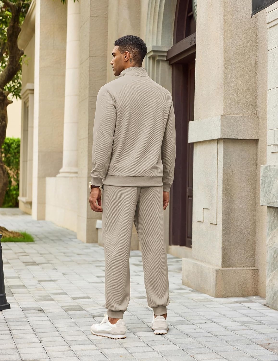 image:imageCOOFANDY Mens 2 Piece Tracksuit Sets Casual Quarter Zip Athletic Sweatsuit Quarter Zip Sweatshirt Drawstring Jogging Pants Twill Quilted Textured Kangaroo Pocket Leather LabelFall Winter OutfitsLight Khaki
