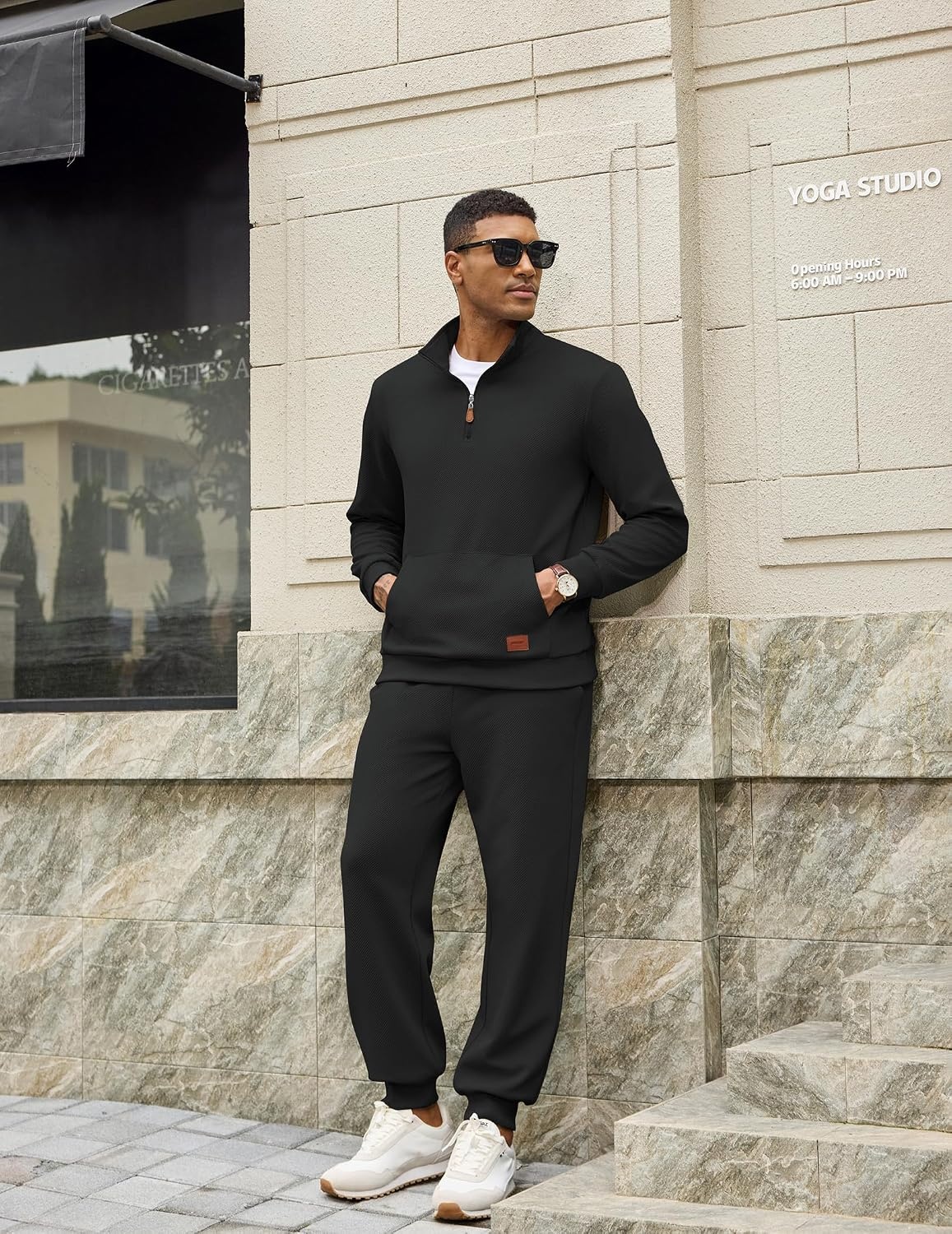 image:imageCOOFANDY Mens 2 Piece Tracksuit Sets Casual Quarter Zip Athletic Sweatsuit Quarter Zip Sweatshirt Drawstring Jogging Pants Twill Quilted Textured Kangaroo Pocket Leather LabelFall Winter OutfitsBlack