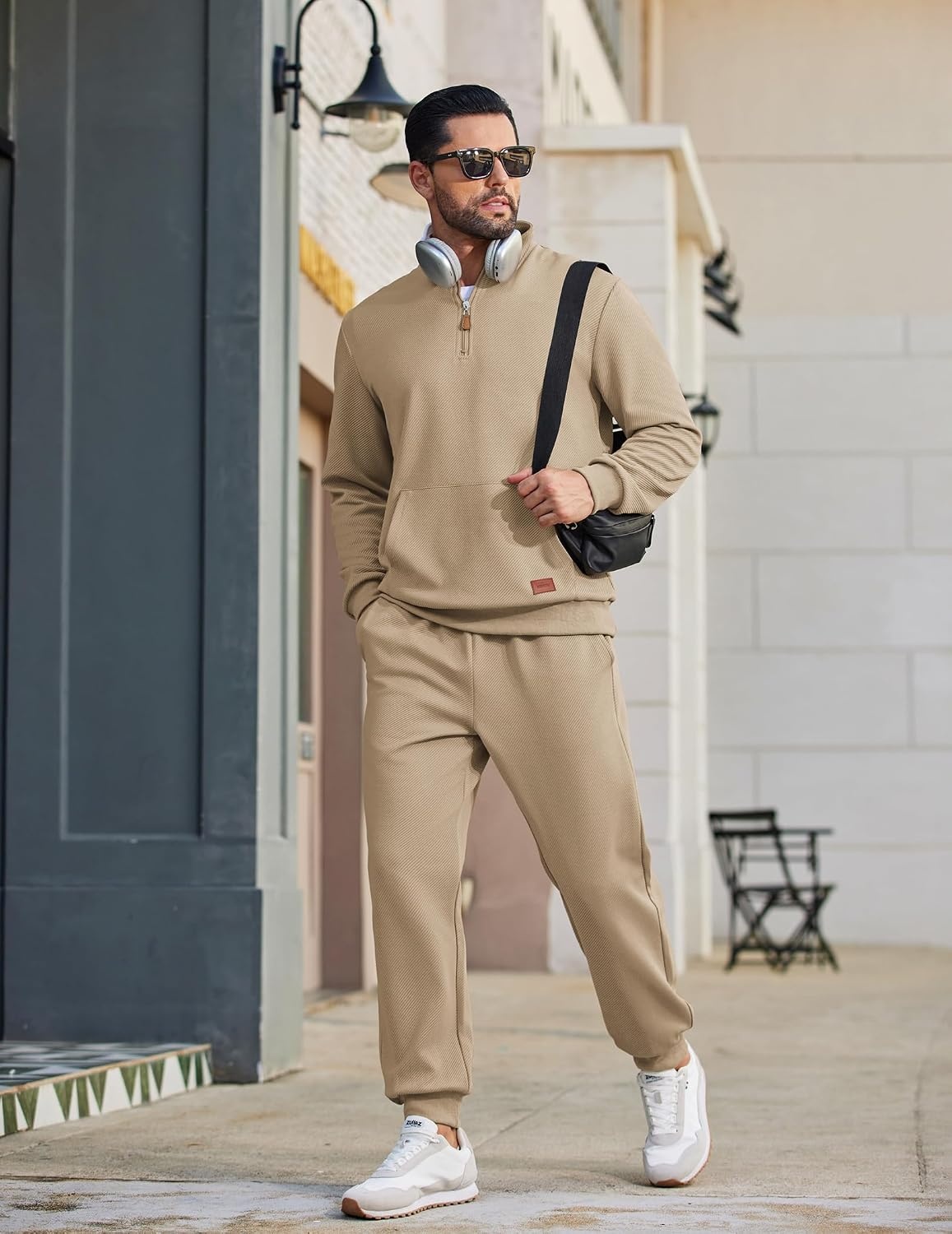 image:imageCOOFANDY Mens 2 Piece Tracksuit Sets Casual Quarter Zip Athletic Sweatsuit Quarter Zip Sweatshirt Drawstring Jogging Pants Twill Quilted Textured Kangaroo Pocket Leather LabelFall Winter OutfitsKhaki