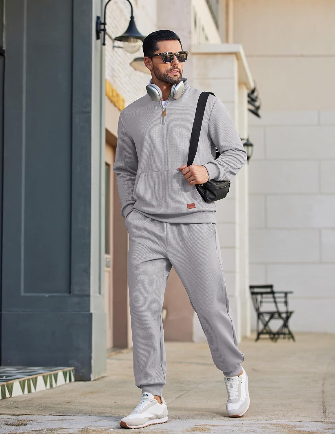 image:imageCOOFANDY Mens 2 Piece Tracksuit Sets Casual Quarter Zip Athletic Sweatsuit Quarter Zip Sweatshirt Drawstring Jogging Pants Twill Quilted Textured Kangaroo Pocket Leather LabelFall Winter OutfitsLight Gray