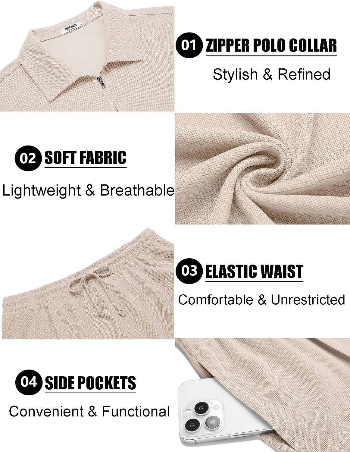 image:imageCOOFANDY Mens 2 Pieces Outfits Quarter Zip Polo Shirt and Shorts Set Casual Summer TracksuitBeige