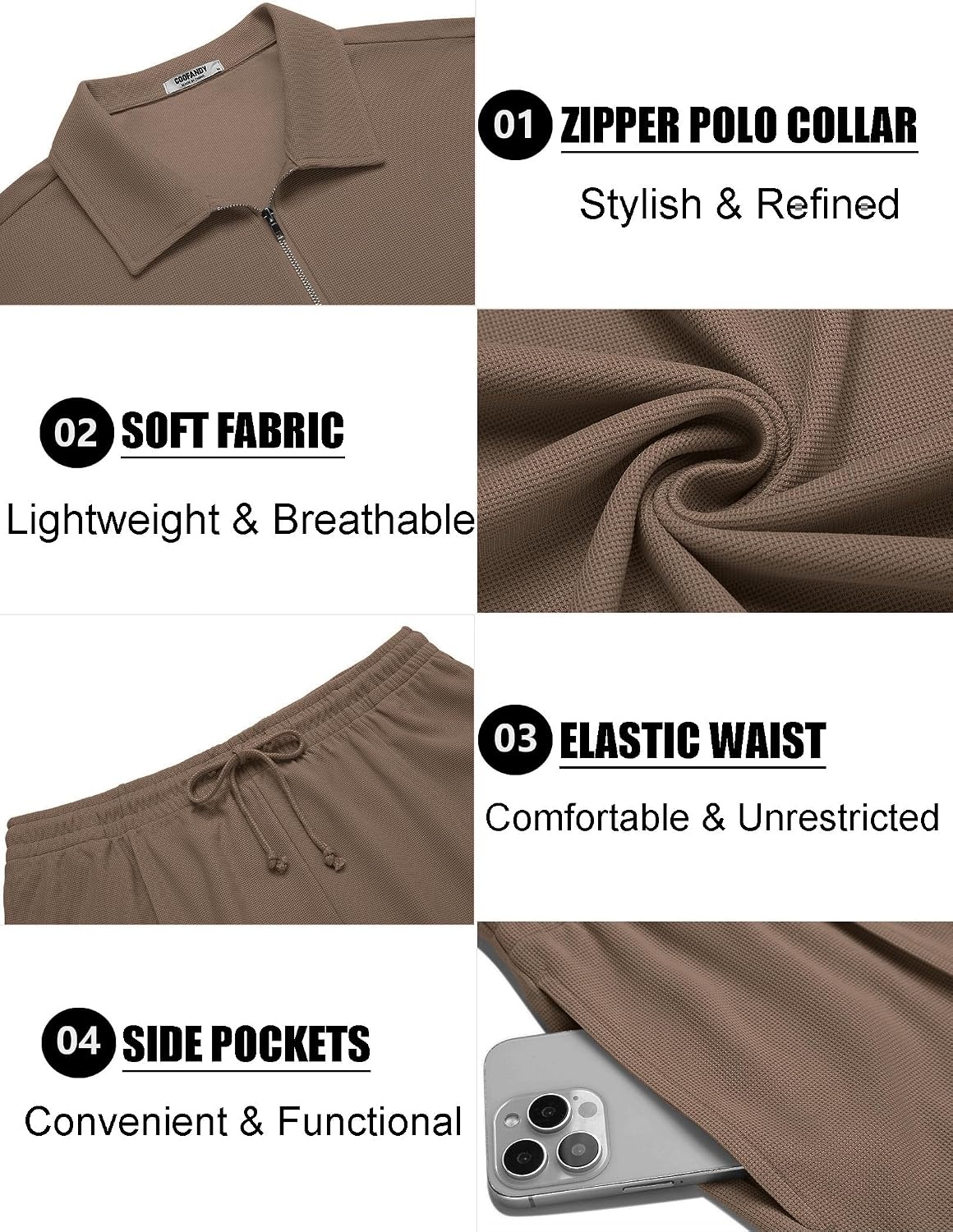 image:imageCOOFANDY Mens 2 Pieces Outfits Quarter Zip Polo Shirt and Shorts Set Casual Summer TracksuitBrown