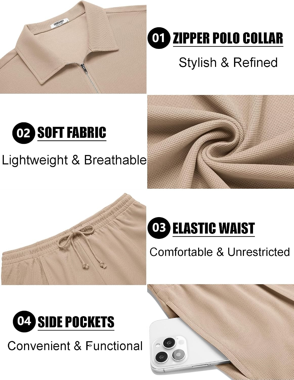 image:imageCOOFANDY Mens 2 Pieces Outfits Quarter Zip Polo Shirt and Shorts Set Casual Summer TracksuitKhaki