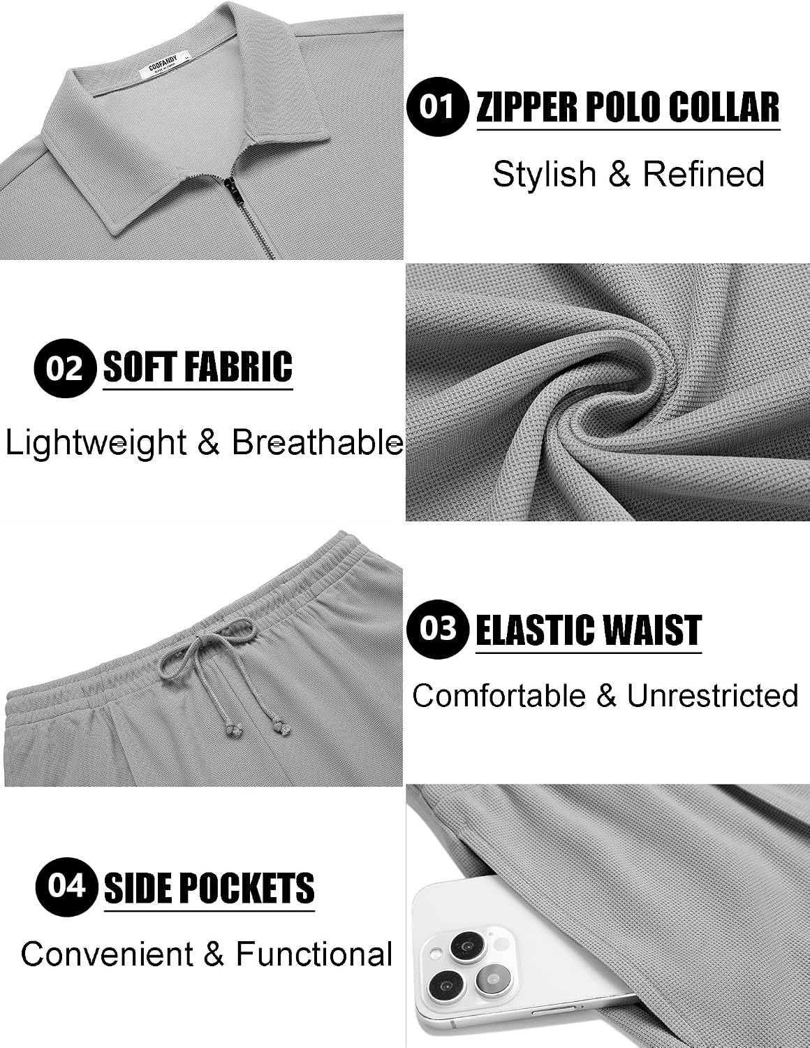 image:imageCOOFANDY Mens 2 Pieces Outfits Quarter Zip Polo Shirt and Shorts Set Casual Summer TracksuitLight Grey