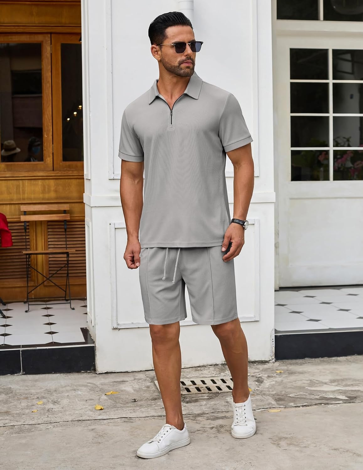 image:imageCOOFANDY Mens 2 Pieces Outfits Quarter Zip Polo Shirt and Shorts Set Casual Summer TracksuitLight Grey