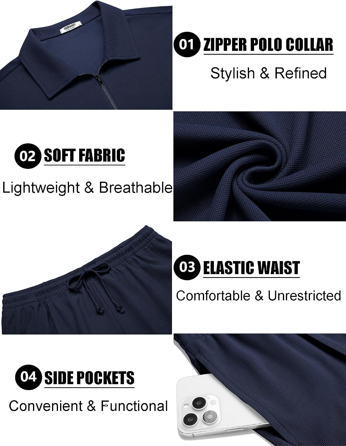 image:imageCOOFANDY Mens 2 Pieces Outfits Quarter Zip Polo Shirt and Shorts Set Casual Summer TracksuitNavy Blue