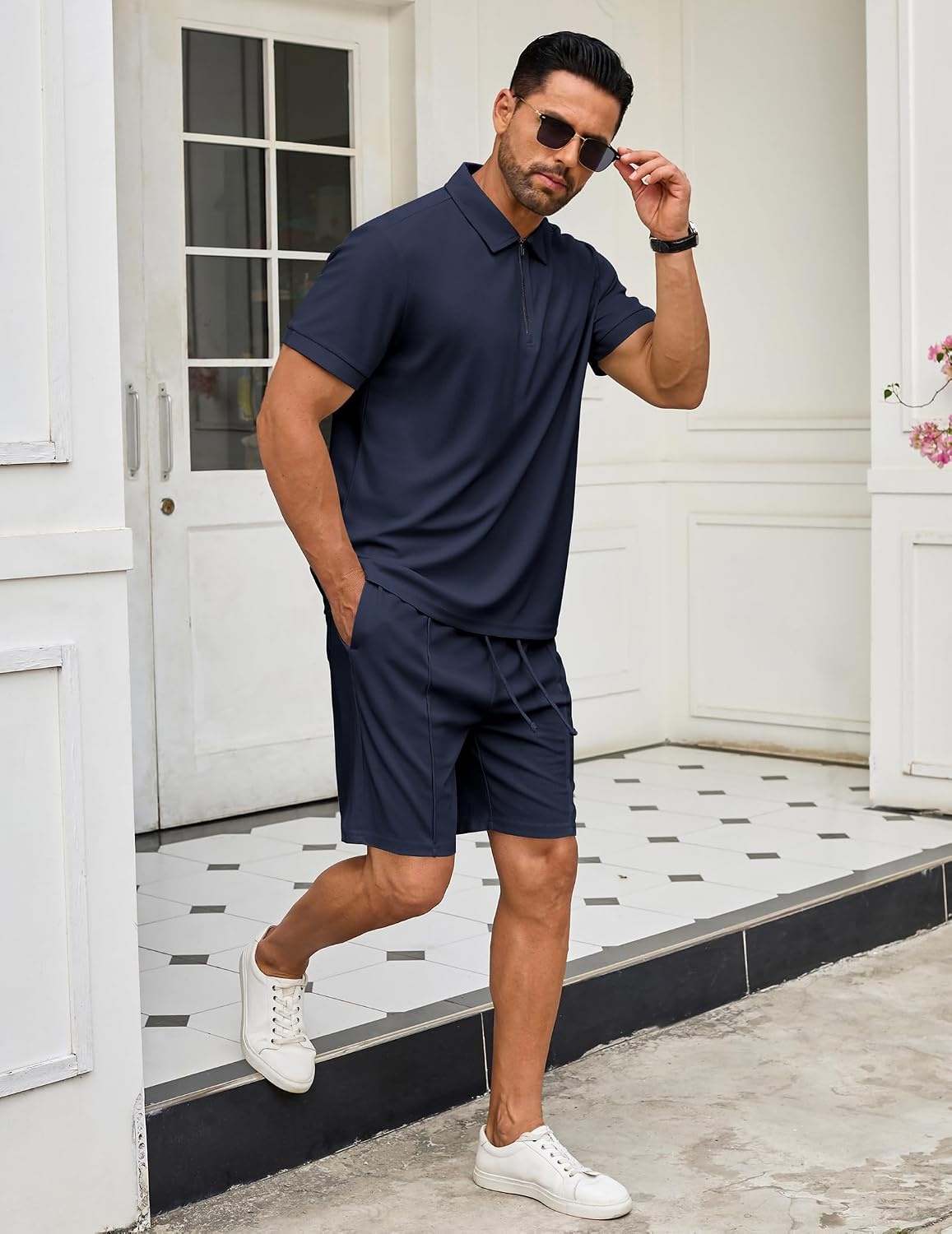 image:imageCOOFANDY Mens 2 Pieces Outfits Quarter Zip Polo Shirt and Shorts Set Casual Summer TracksuitNavy Blue