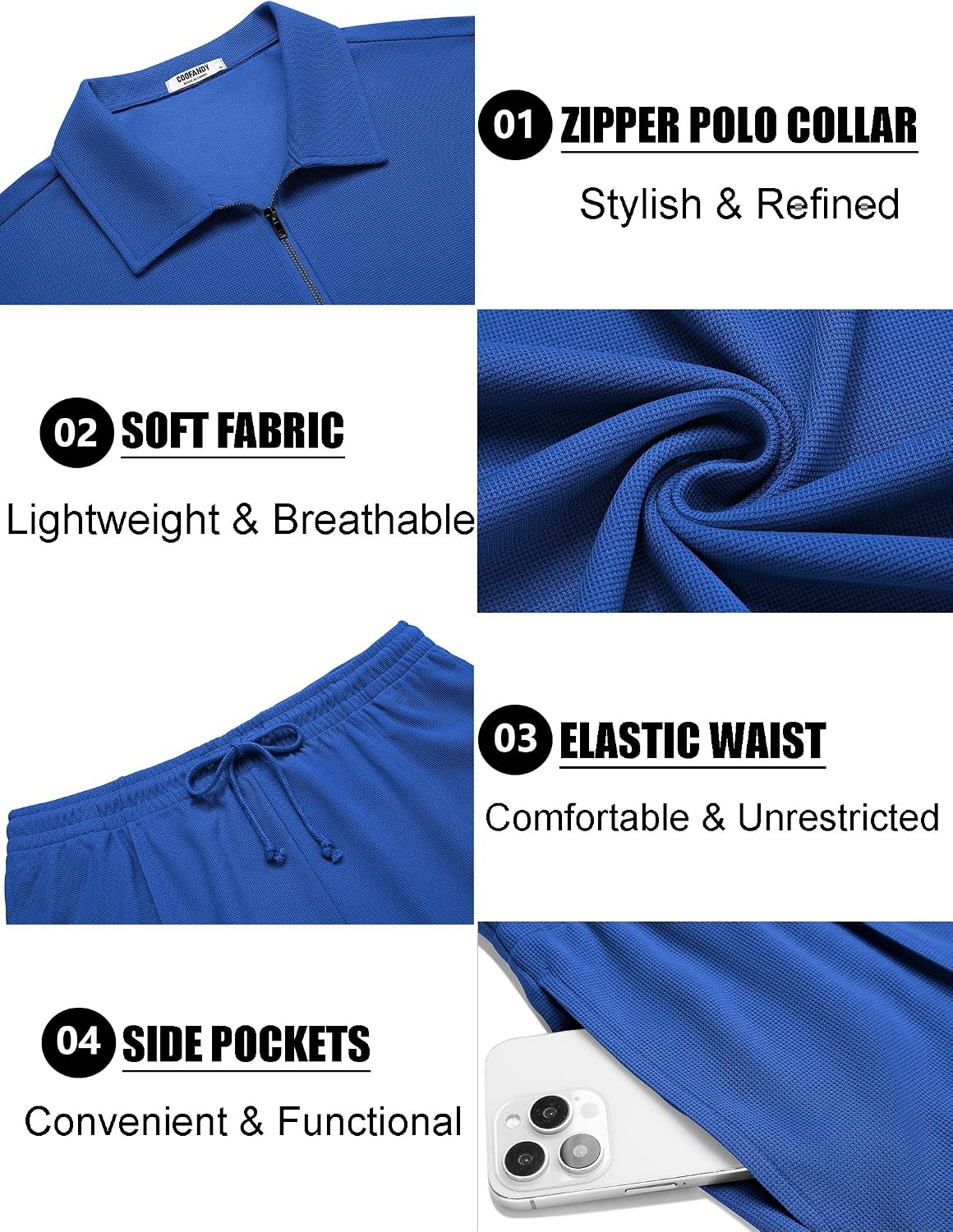 image:imageCOOFANDY Mens 2 Pieces Outfits Quarter Zip Polo Shirt and Shorts Set Casual Summer TracksuitRoyal Blue