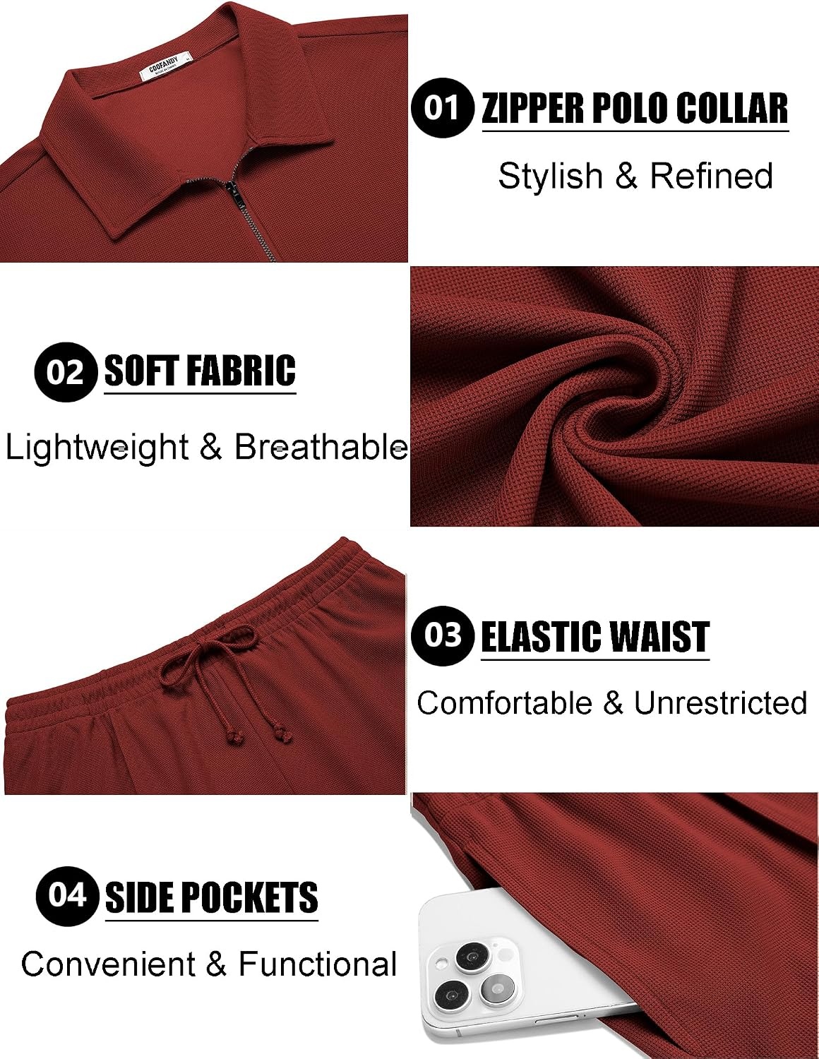 image:imageCOOFANDY Mens 2 Pieces Outfits Quarter Zip Polo Shirt and Shorts Set Casual Summer TracksuitWine Red