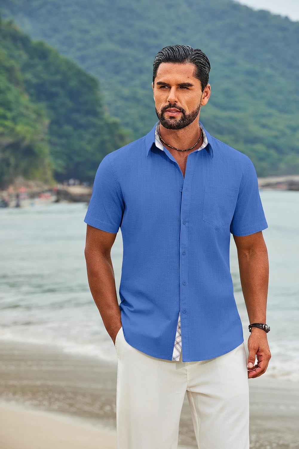 image:imageCOOFANDY Mens Button Down Shirts Short Sleeve Casual Cotton Shirts 100cottonLightweightBreathableContrasting Colors on the CollarCuffs and PlacketSuitable for All OccasionsOcean Blue