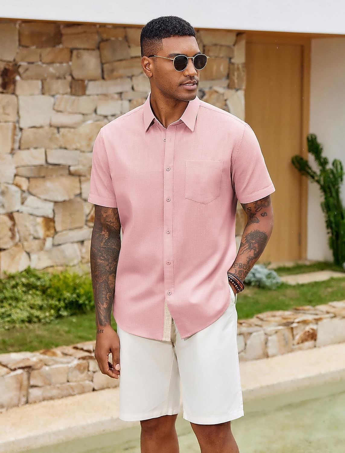 image:imageCOOFANDY Mens Button Down Shirts Short Sleeve Casual Cotton Shirts 100cottonLightweightBreathableContrasting Colors on the CollarCuffs and PlacketSuitable for All OccasionsPink