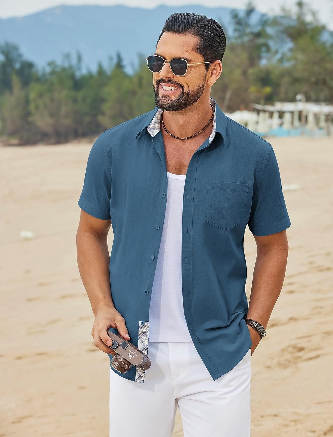image:imageCOOFANDY Mens Button Down Shirts Short Sleeve Casual Cotton Shirts 100cottonLightweightBreathableContrasting Colors on the CollarCuffs and PlacketSuitable for All OccasionsSea Blue