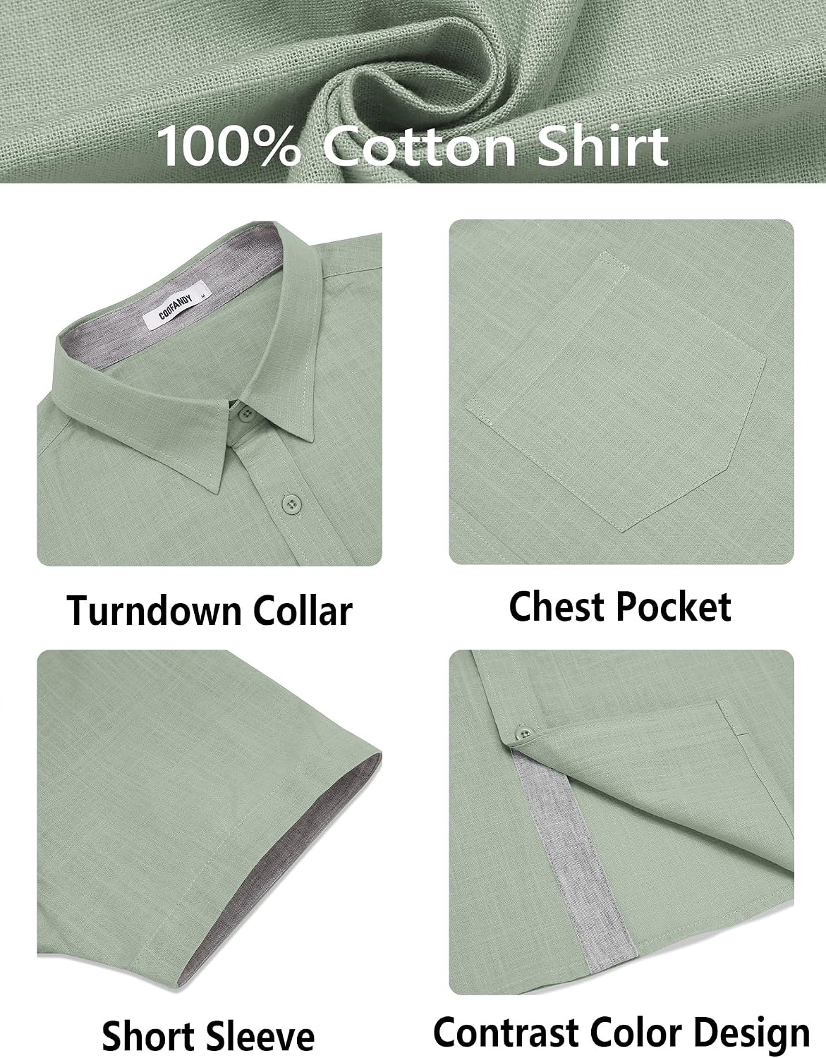 image:imageCOOFANDY Mens Button Down Shirts Short Sleeve Casual Cotton Shirts 100cottonLightweightBreathableContrasting Colors on the CollarCuffs and PlacketSuitable for All OccasionsLight Green