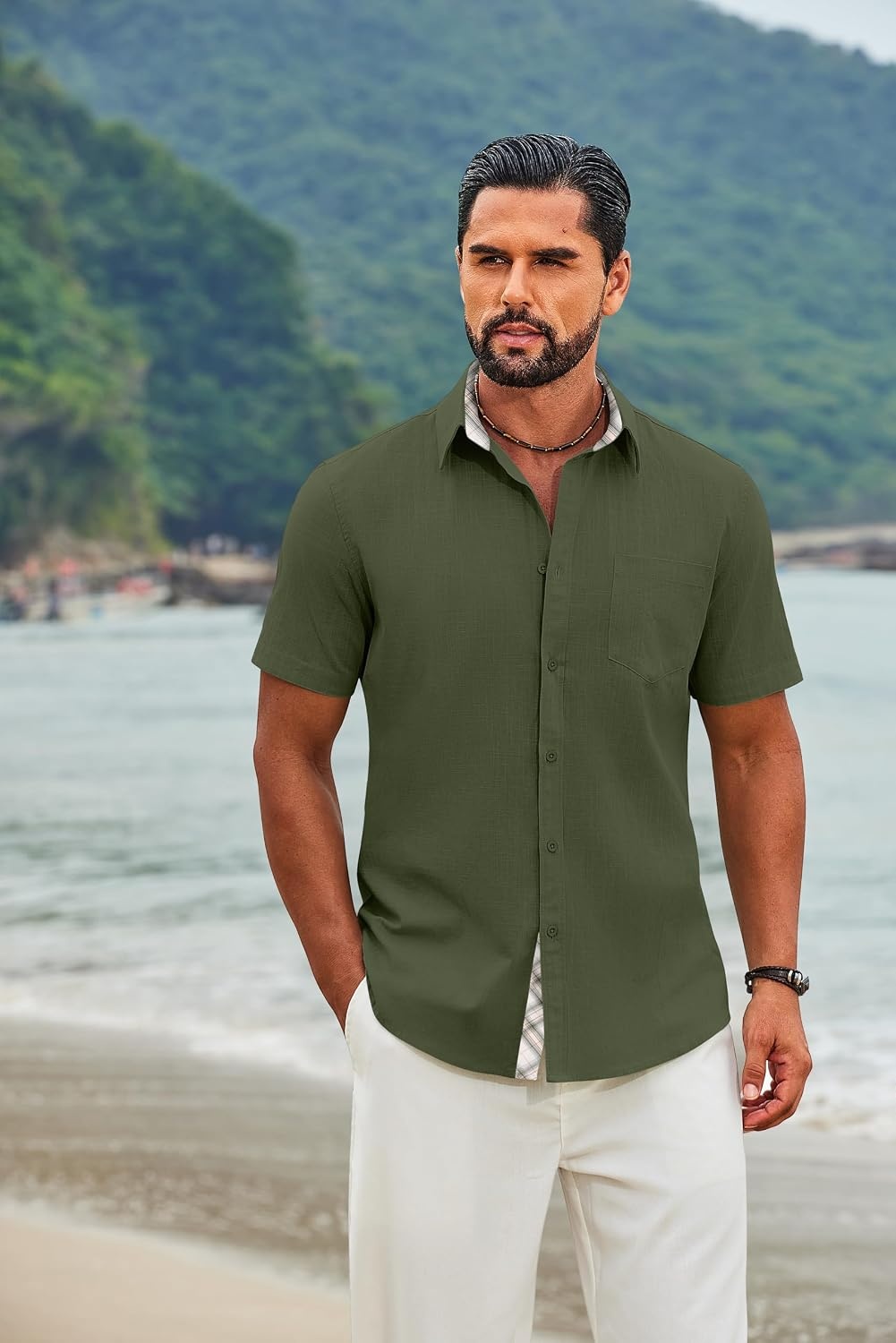 image:imageCOOFANDY Mens Button Down Shirts Short Sleeve Casual Cotton Shirts 100cottonLightweightBreathableContrasting Colors on the CollarCuffs and PlacketSuitable for All OccasionsArmy Green