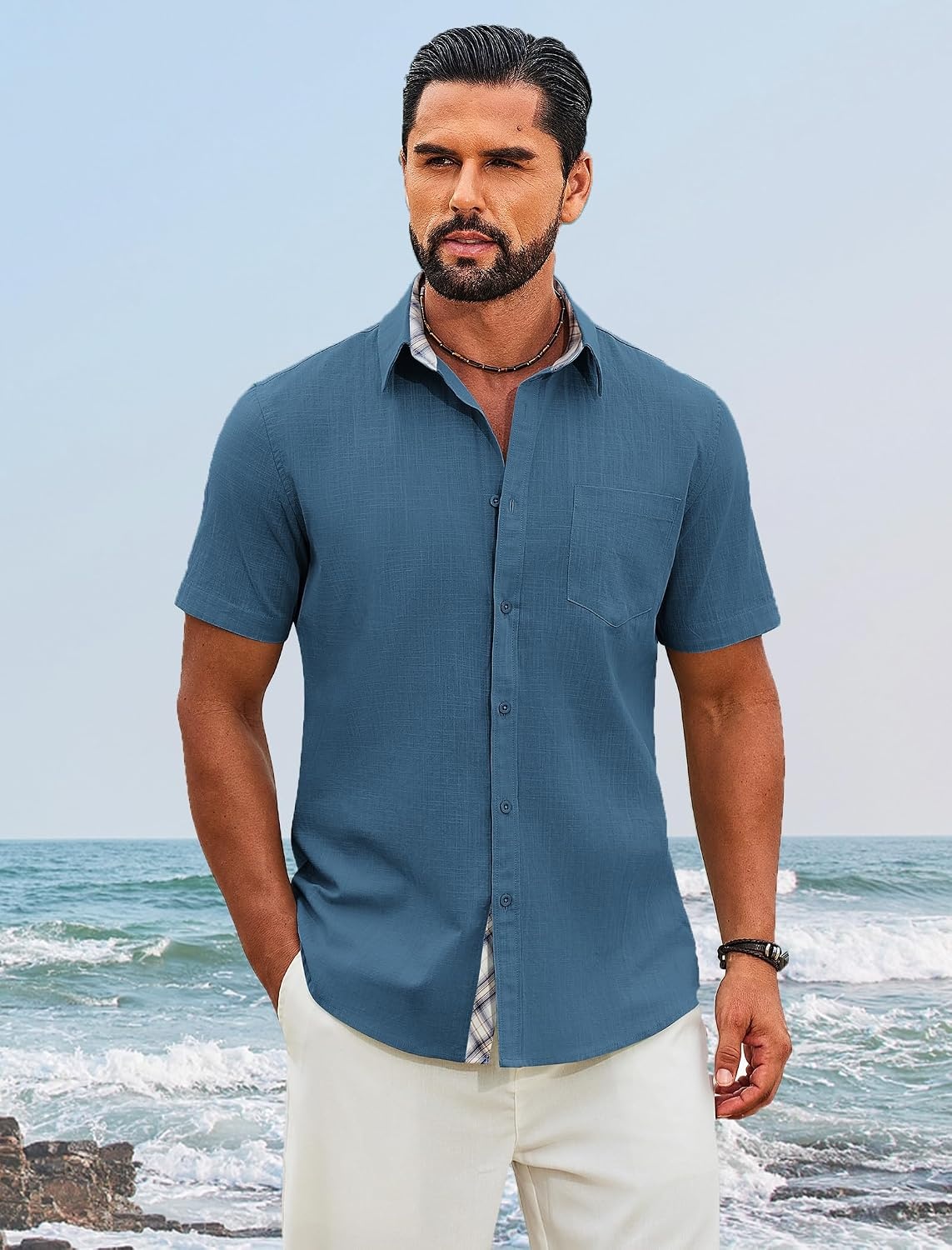 image:imageCOOFANDY Mens Button Down Shirts Short Sleeve Casual Cotton Shirts 100cottonLightweightBreathableContrasting Colors on the CollarCuffs and PlacketSuitable for All OccasionsSea Blue