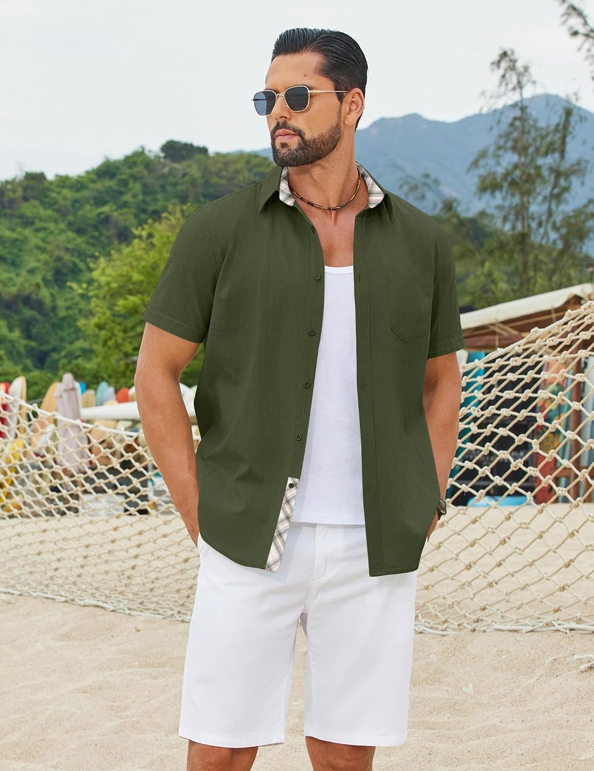 image:imageCOOFANDY Mens Button Down Shirts Short Sleeve Casual Cotton Shirts 100cottonLightweightBreathableContrasting Colors on the CollarCuffs and PlacketSuitable for All OccasionsArmy Green