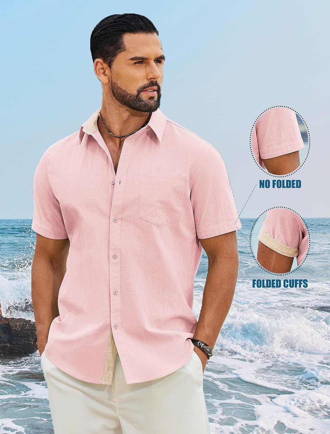 image:imageCOOFANDY Mens Button Down Shirts Short Sleeve Casual Cotton Shirts 100cottonLightweightBreathableContrasting Colors on the CollarCuffs and PlacketSuitable for All OccasionsPink
