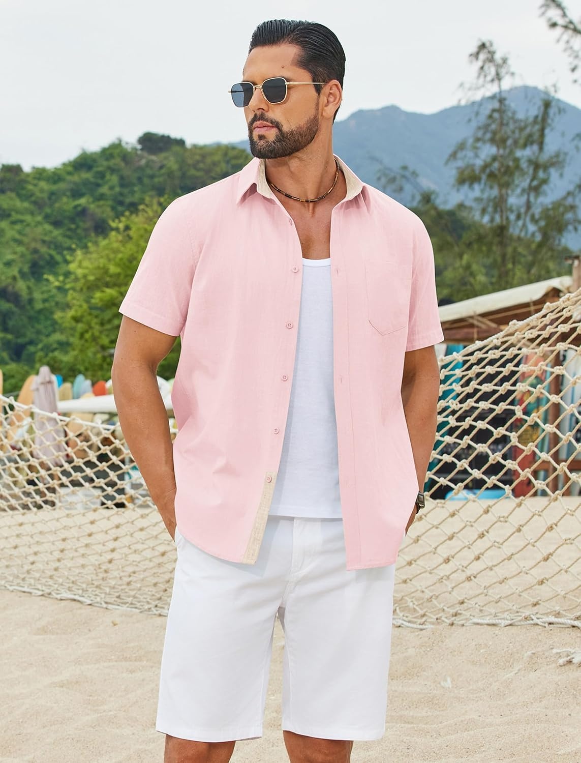 image:imageCOOFANDY Mens Button Down Shirts Short Sleeve Casual Cotton Shirts 100cottonLightweightBreathableContrasting Colors on the CollarCuffs and PlacketSuitable for All OccasionsPink