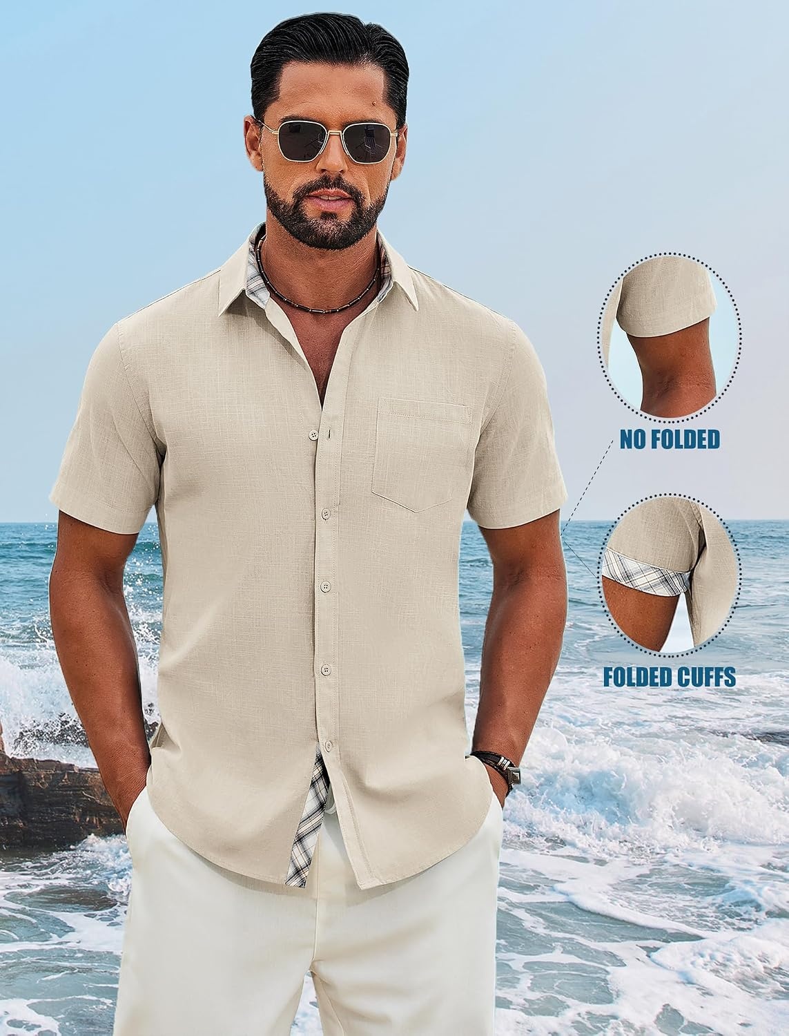 image:imageCOOFANDY Mens Button Down Shirts Short Sleeve Casual Cotton Shirts 100cottonLightweightBreathableContrasting Colors on the CollarCuffs and PlacketSuitable for All OccasionsKhaki