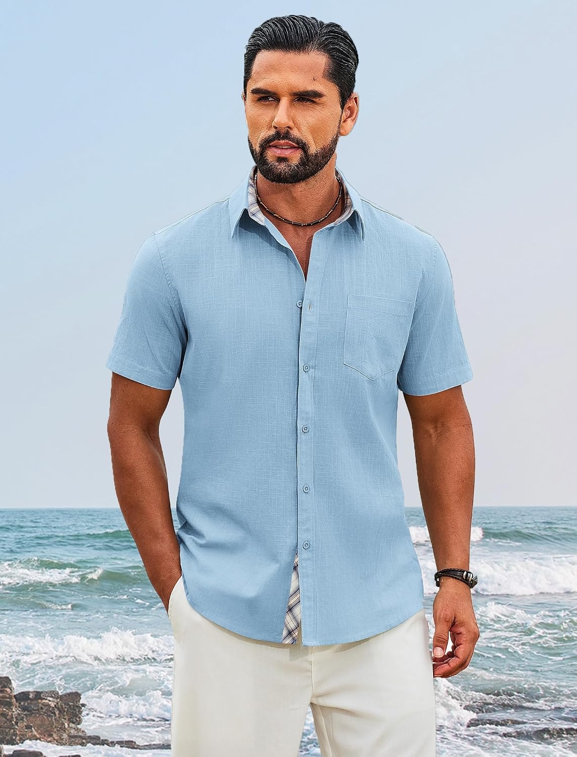 image:imageCOOFANDY Mens Button Down Shirts Short Sleeve Casual Cotton Shirts 100cottonLightweightBreathableContrasting Colors on the CollarCuffs and PlacketSuitable for All OccasionsLight Blue