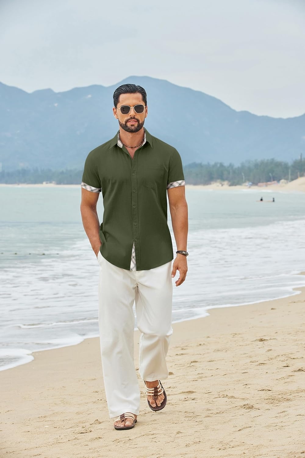 image:imageCOOFANDY Mens Button Down Shirts Short Sleeve Casual Cotton Shirts 100cottonLightweightBreathableContrasting Colors on the CollarCuffs and PlacketSuitable for All OccasionsArmy Green