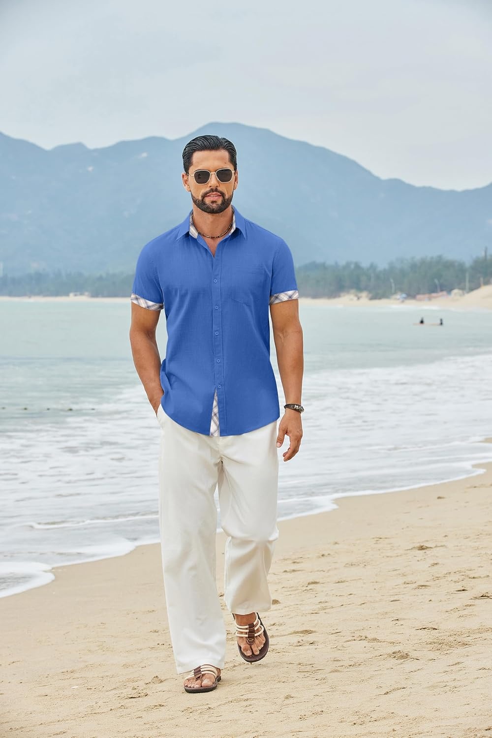 image:imageCOOFANDY Mens Button Down Shirts Short Sleeve Casual Cotton Shirts 100cottonLightweightBreathableContrasting Colors on the CollarCuffs and PlacketSuitable for All OccasionsOcean Blue
