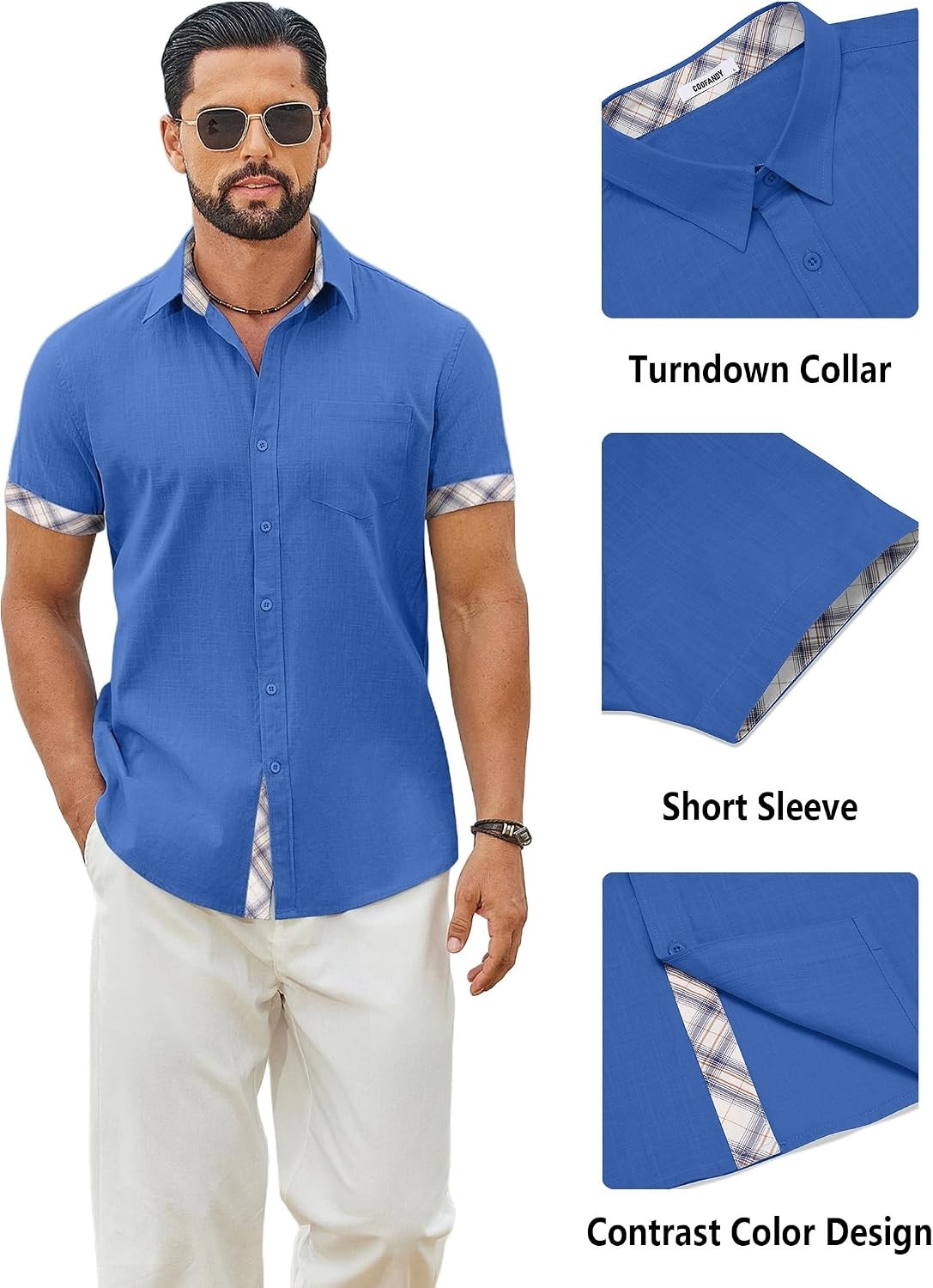 image:imageCOOFANDY Mens Button Down Shirts Short Sleeve Casual Cotton Shirts 100cottonLightweightBreathableContrasting Colors on the CollarCuffs and PlacketSuitable for All OccasionsOcean Blue