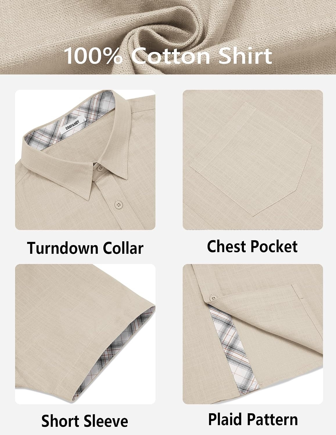 image:imageCOOFANDY Mens Button Down Shirts Short Sleeve Casual Cotton Shirts 100cottonLightweightBreathableContrasting Colors on the CollarCuffs and PlacketSuitable for All OccasionsKhaki
