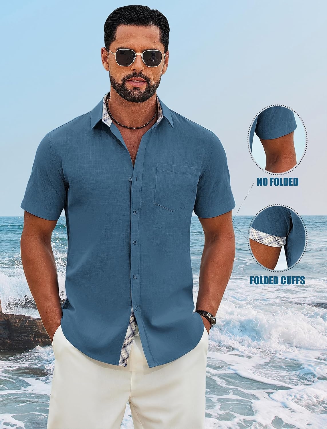 image:imageCOOFANDY Mens Button Down Shirts Short Sleeve Casual Cotton Shirts 100cottonLightweightBreathableContrasting Colors on the CollarCuffs and PlacketSuitable for All OccasionsSea Blue