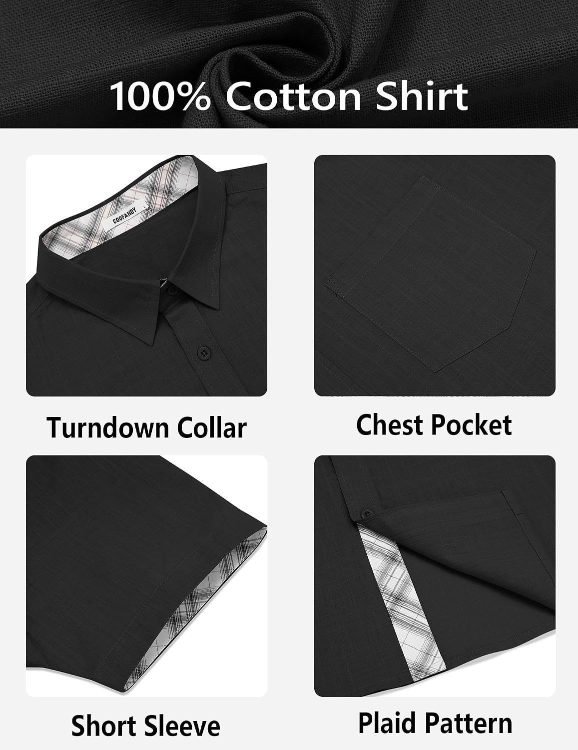 image:imageCOOFANDY Mens Button Down Shirts Short Sleeve Casual Cotton Shirts 100cottonLightweightBreathableContrasting Colors on the CollarCuffs and PlacketSuitable for All OccasionsBlack