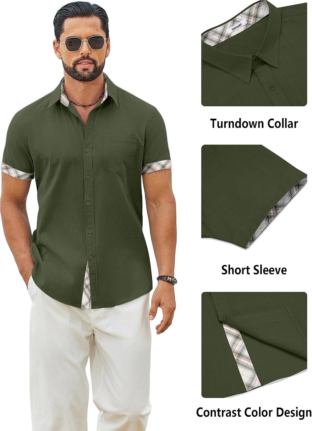 image:imageCOOFANDY Mens Button Down Shirts Short Sleeve Casual Cotton Shirts 100cottonLightweightBreathableContrasting Colors on the CollarCuffs and PlacketSuitable for All OccasionsArmy Green