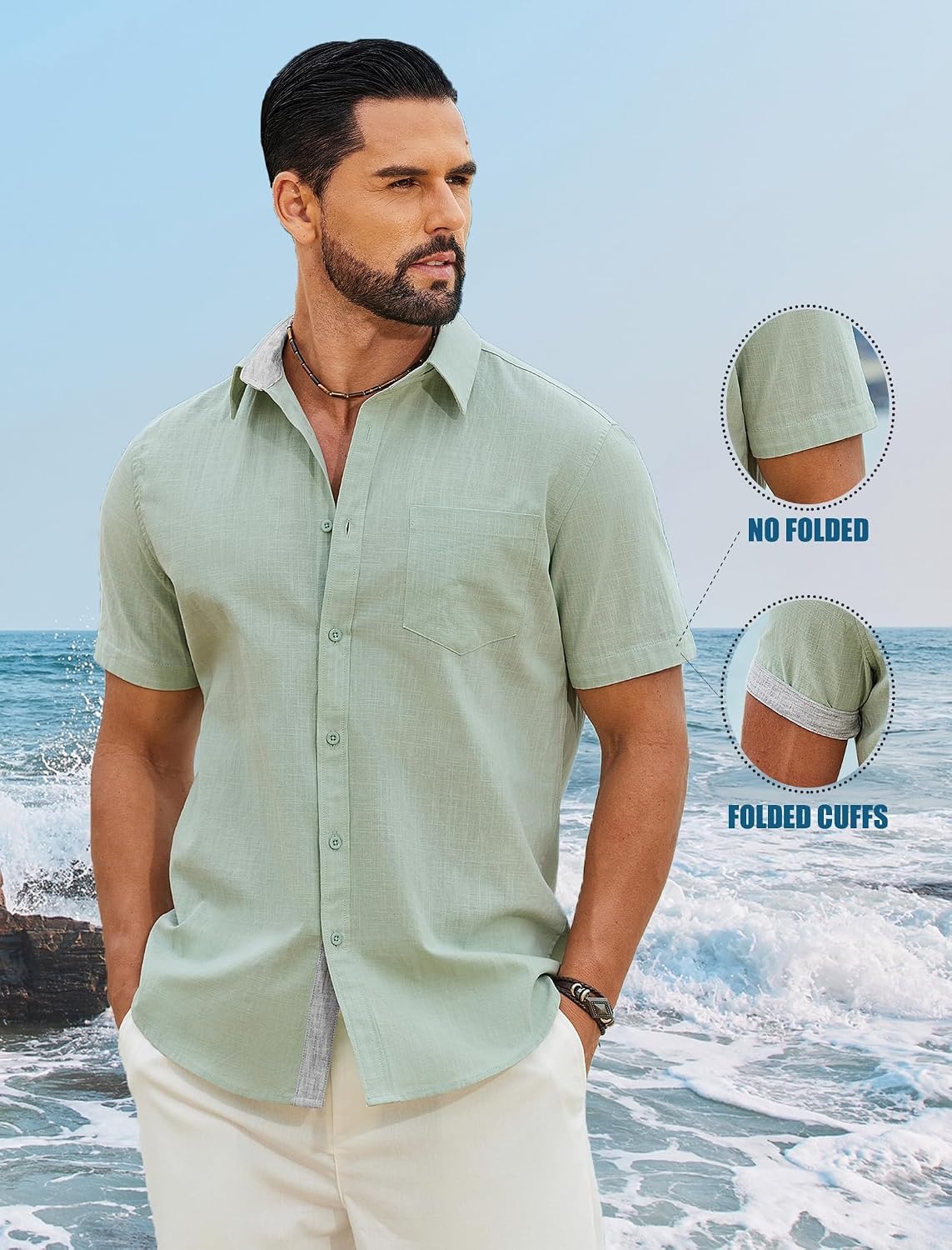 image:imageCOOFANDY Mens Button Down Shirts Short Sleeve Casual Cotton Shirts 100cottonLightweightBreathableContrasting Colors on the CollarCuffs and PlacketSuitable for All OccasionsLight Green