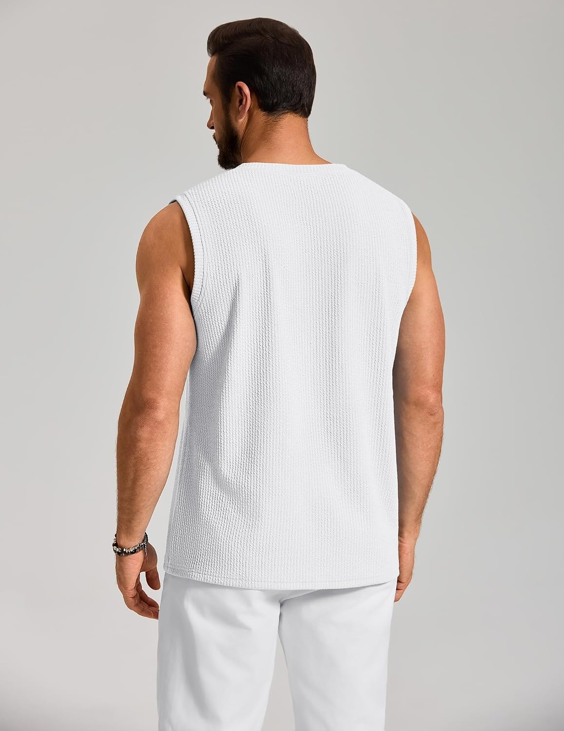 image:imageCOOFANDY Mens Casual Tank Top V Neck Knit Jacquard Summer Sleeveless Shirts Lightweight 3D Textured TankPerfect for Beach VacationBreathable and StretchableResort Wear or Retro Street StyleWhite